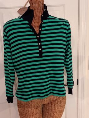 Chaps Striped Cotton Long Sleeve Top Green & Black 1X Like New